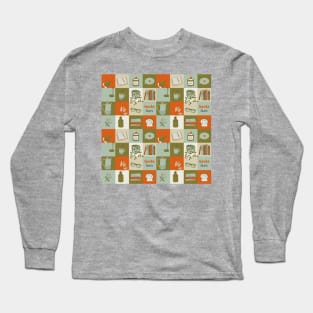 Abstract geometric pattern with books and cozy home elements Long Sleeve T-Shirt